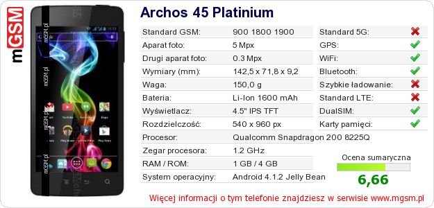 Dane telefonu Archos 45 Platinium Dane telefonu Archos 45 Platinium