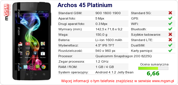 Dane telefonu Archos 45 Platinium Dane telefonu Archos 45 Platinium