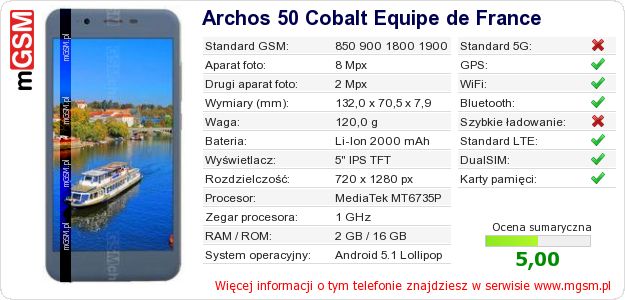 Dane telefonu Archos 50 Cobalt Equipe de France Dane telefonu Archos 50 Cobalt Equipe de France