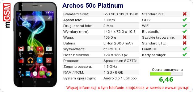 Dane telefonu Archos 50c Platinum
