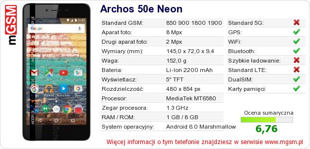 Dane telefonu Archos 50e Neon