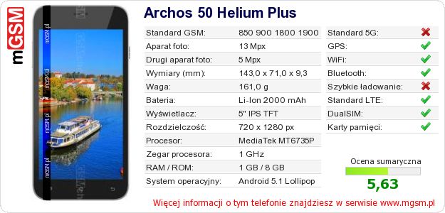 Dane telefonu Archos 50 Helium Plus Dane telefonu Archos 50 Helium Plus