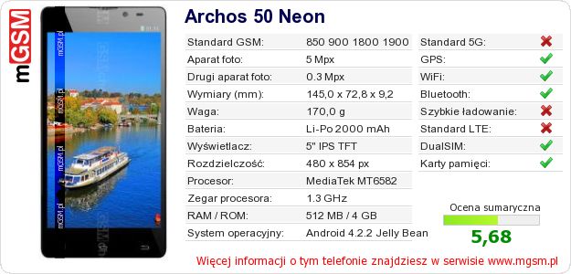 Dane telefonu Archos 50 Neon Dane telefonu Archos 50 Neon