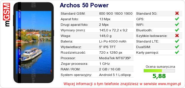 Dane telefonu Archos 50 Power Dane telefonu Archos 50 Power