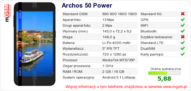 Dane telefonu Archos 50 Power