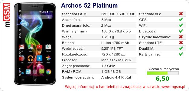 Dane telefonu Archos 52 Platinum