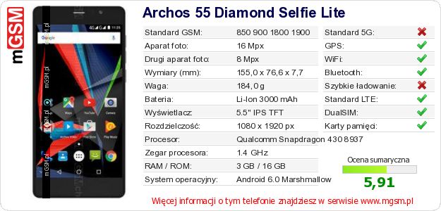 Dane telefonu Archos 55 Diamond Selfie Lite Dane telefonu Archos 55 Diamond Selfie Lite