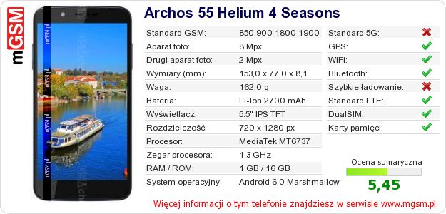 Dane telefonu Archos 55 Helium 4 Seasons