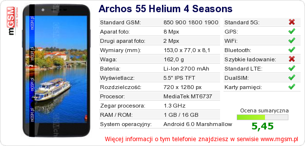 Dane telefonu Archos 55 Helium 4 Seasons