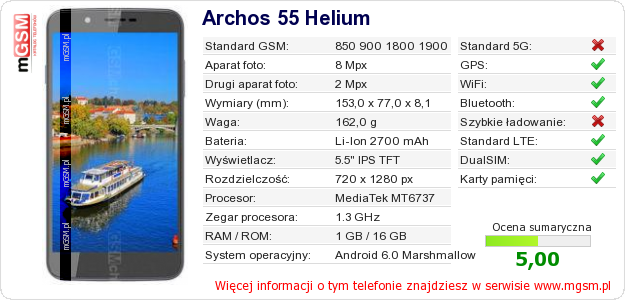 Dane telefonu Archos 55 Helium