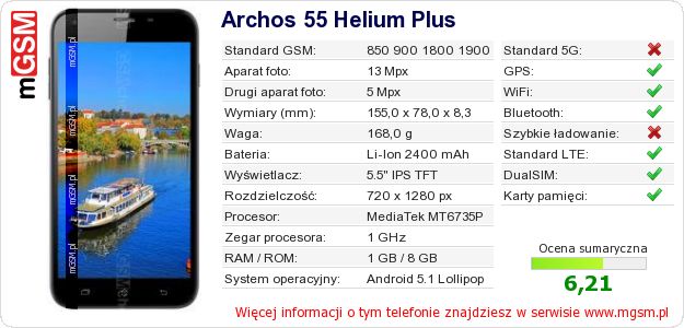 Dane telefonu Archos 55 Helium Plus Dane telefonu Archos 55 Helium Plus