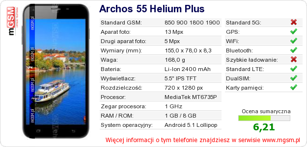 Dane telefonu Archos 55 Helium Plus