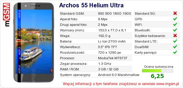 Dane telefonu Archos 55 Helium Ultra