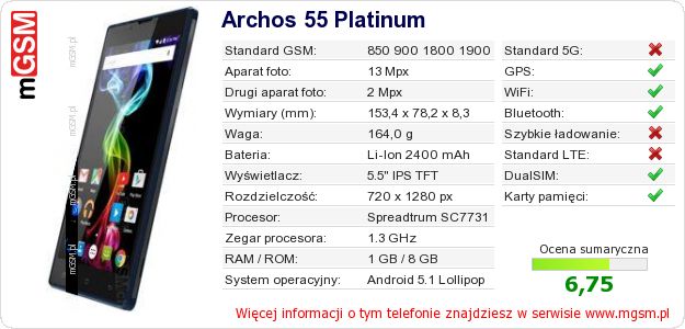 Dane telefonu Archos 55 Platinum Dane telefonu Archos 55 Platinum