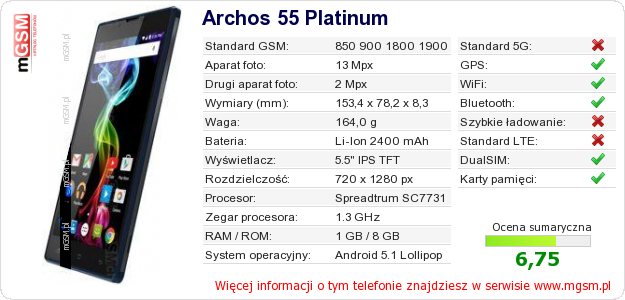 Dane telefonu Archos 55 Platinum Dane telefonu Archos 55 Platinum