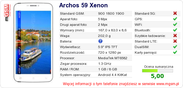 Dane telefonu Archos 59 Xenon