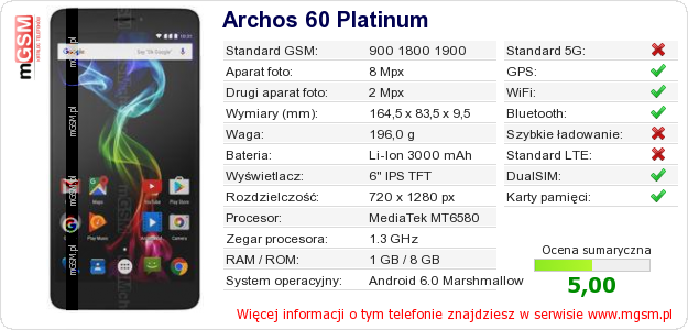 Dane telefonu Archos 60 Platinum