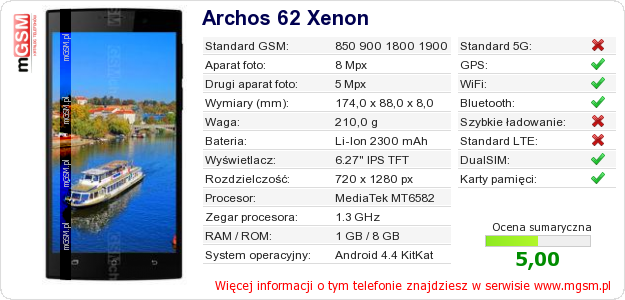 Dane telefonu Archos 62 Xenon