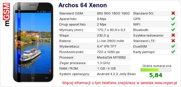 Dane telefonu Archos 64 Xenon