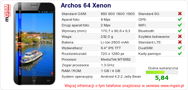 Dane telefonu Archos 64 Xenon Dane telefonu Archos 64 Xenon