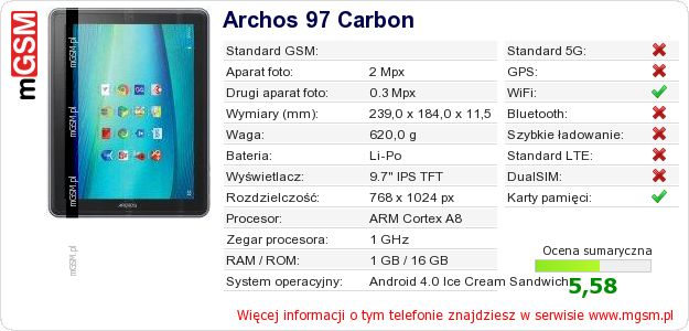 Dane telefonu Archos 97 Carbon
