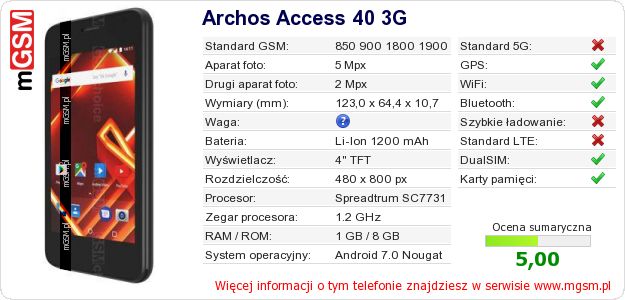 Dane telefonu Archos Access 40 3G Dane telefonu Archos Access 40 3G