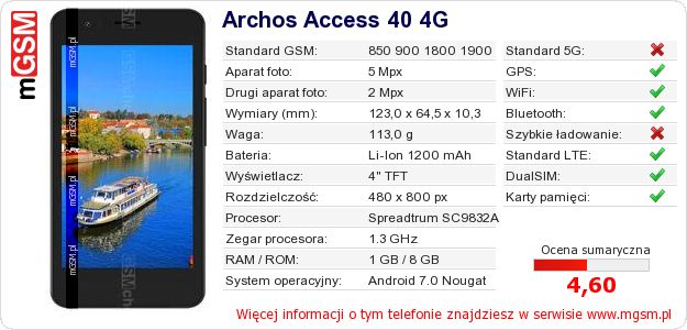 Dane telefonu Archos Access 40 4G Dane telefonu Archos Access 40 4G