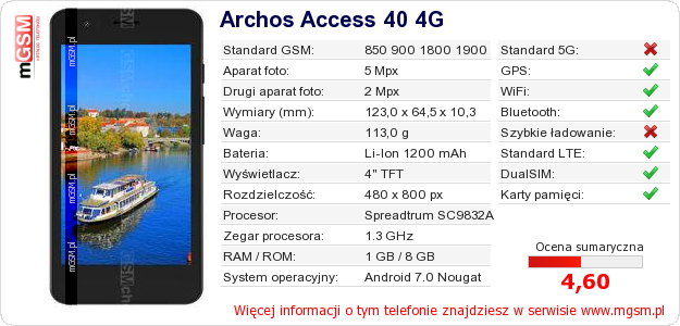 Dane telefonu Archos Access 40 4G