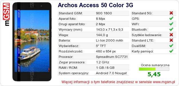 Dane telefonu Archos Access 50 Color 3G