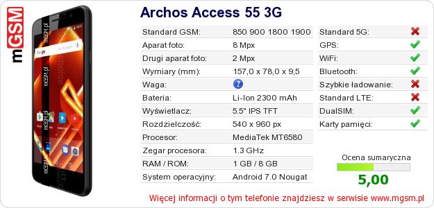 Dane telefonu Archos Access 55 3G Dane telefonu Archos Access 55 3G