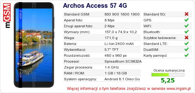Dane telefonu Archos Access 57 4G Dane telefonu Archos Access 57 4G
