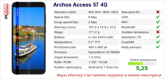Dane telefonu Archos Access 57 4G
