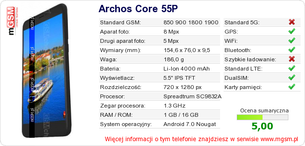 Dane telefonu Archos Core 55P