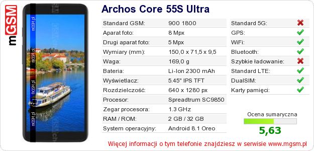 Dane telefonu Archos Core 55S Ultra