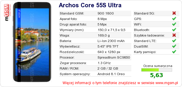 Dane telefonu Archos Core 55S Ultra