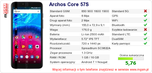 Dane telefonu Archos Core 57S
