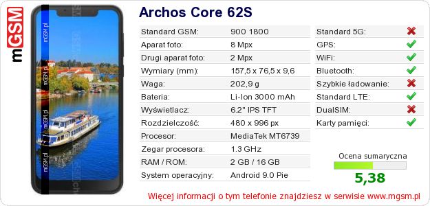 Dane telefonu Archos Core 62S