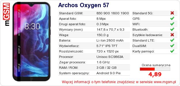 Dane telefonu Archos Oxygen 57 Dane telefonu Archos Oxygen 57