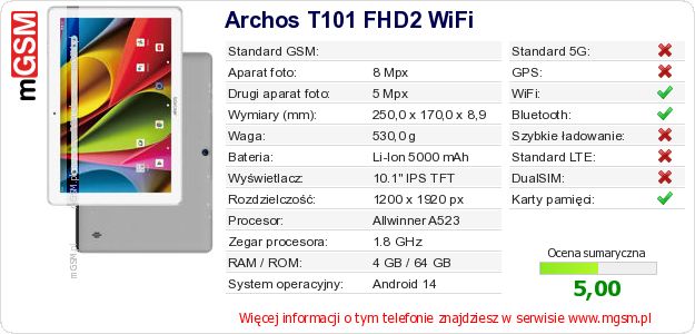 Dane telefonu Archos T101 FHD2 WiFi Dane telefonu Archos T101 FHD2 WiFi