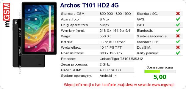 Dane telefonu Archos T101 HD2 4G Dane telefonu Archos T101 HD2 4G