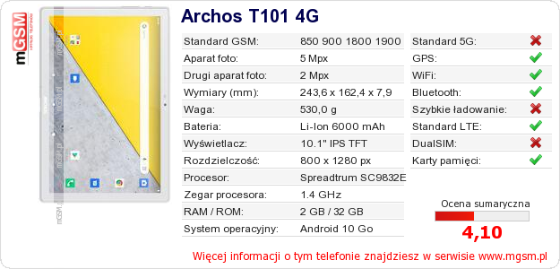 Dane telefonu Archos T101 4G Dane telefonu Archos T101 4G