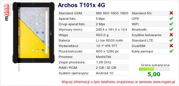Dane telefonu Archos T101x 4G