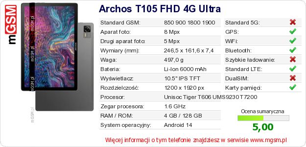 Dane telefonu Archos T105 FHD 4G Ultra Dane telefonu Archos T105 FHD 4G Ultra
