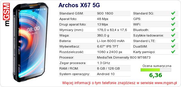 Dane telefonu Archos X67 5G