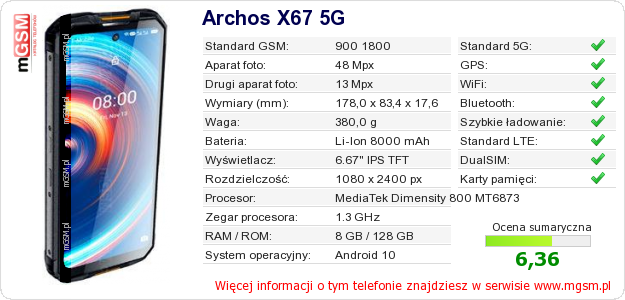Dane telefonu Archos X67 5G