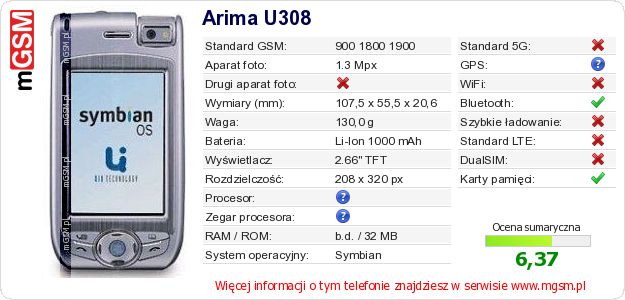 Dane telefonu Arima U308