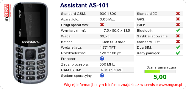 Dane telefonu Assistant AS-101 Dane telefonu Assistant AS-101