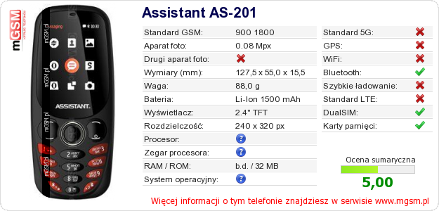 Dane telefonu Assistant AS-201 Dane telefonu Assistant AS-201