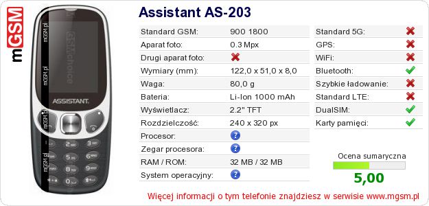 Dane telefonu Assistant AS-203 Dane telefonu Assistant AS-203