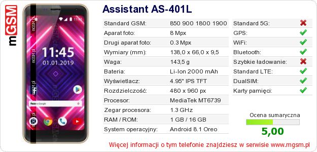 Dane telefonu Assistant AS-401L